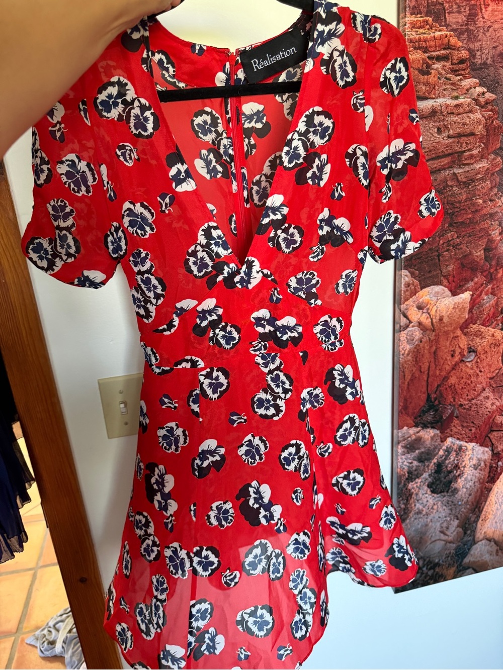 Réalisation Par Red Floral Mini Dress with Navy & White Print - Picture 1 of 4